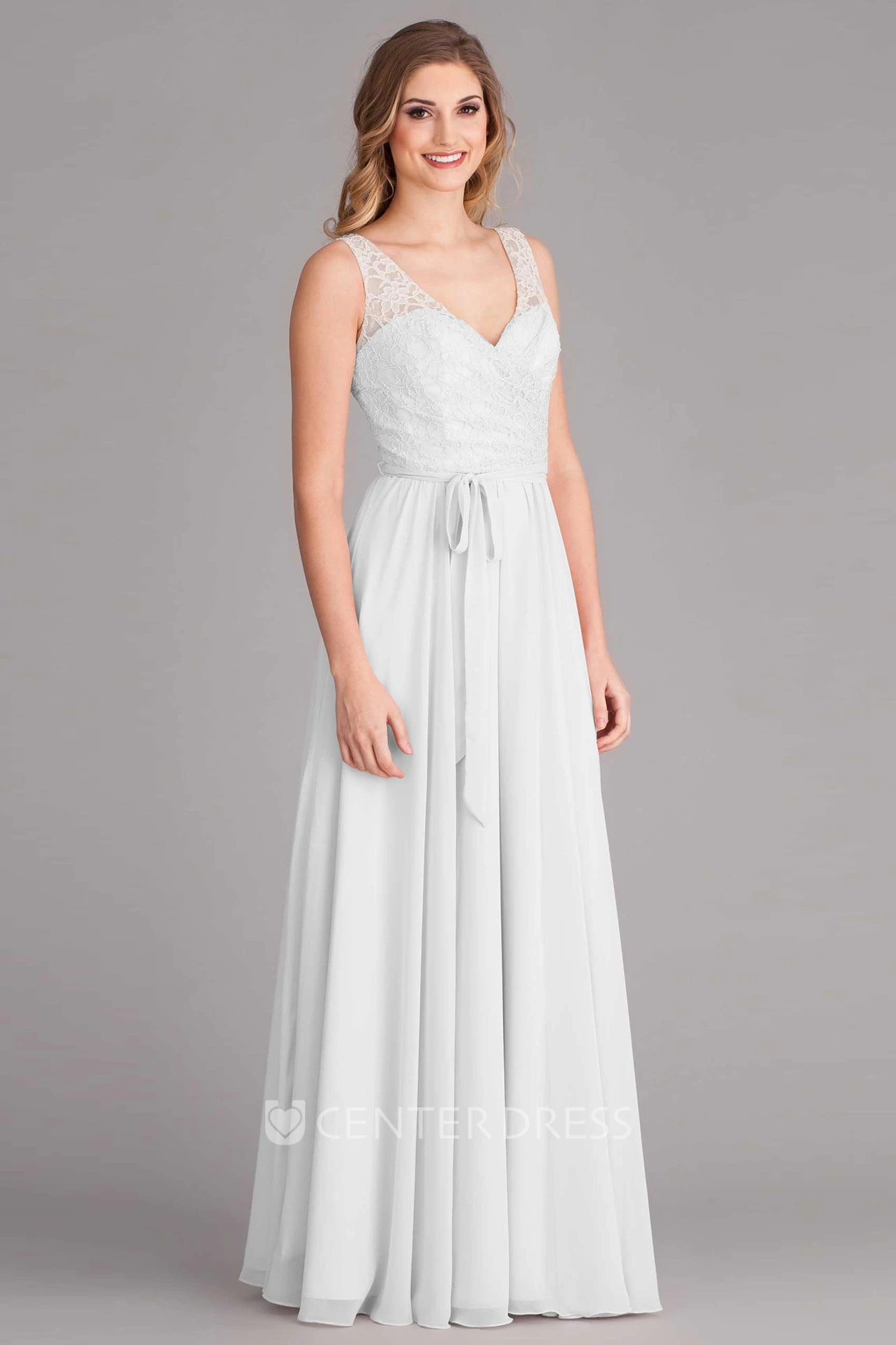 Sheath V-Neck Sleeveless Chiffon Wedding Dress With Lace