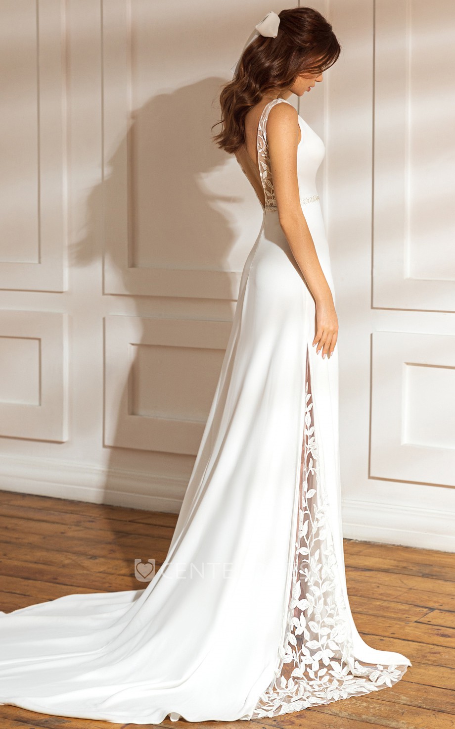 column wedding dress with satin underskirt