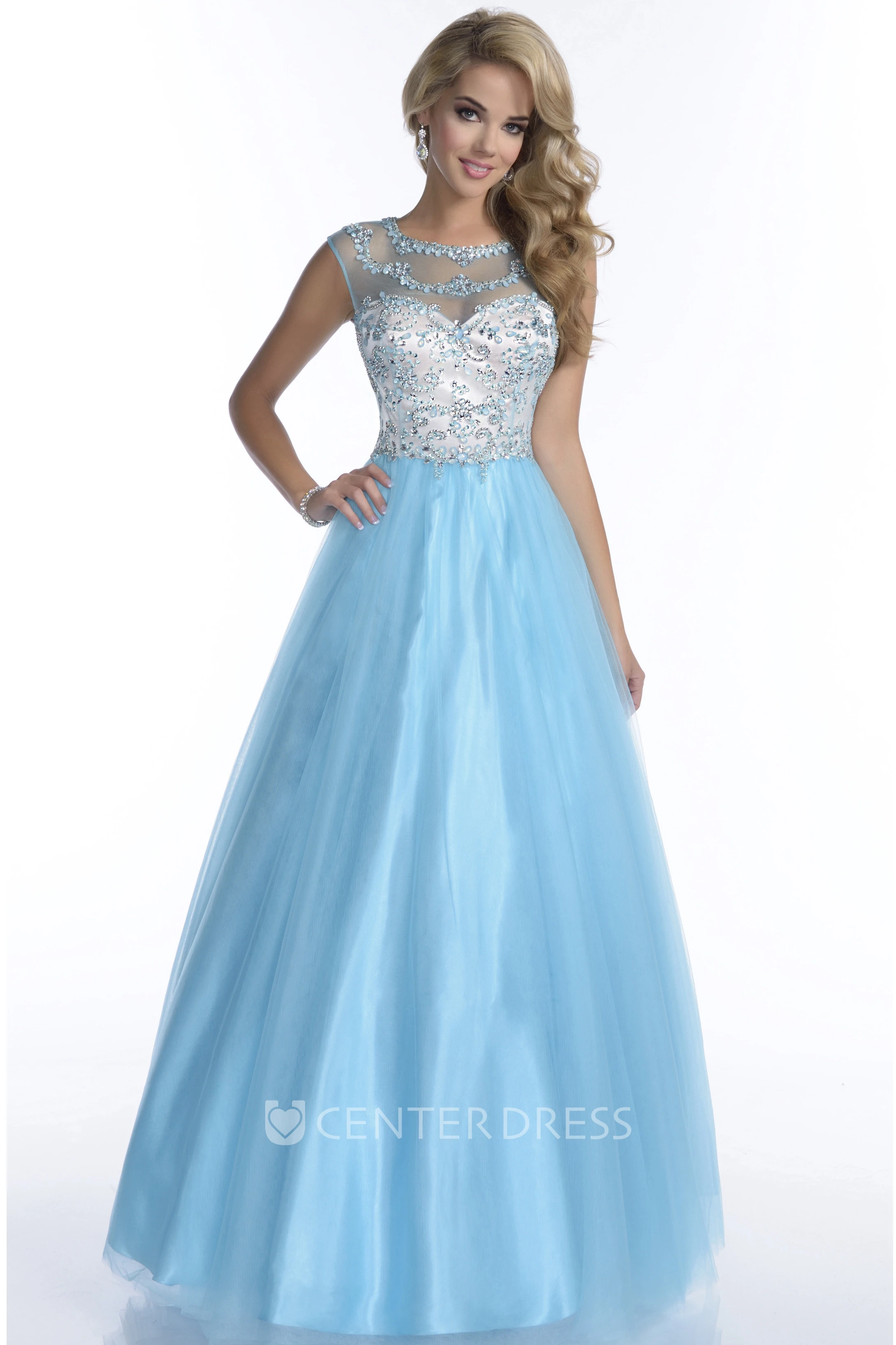 Tulle Cap Sleeve Rhinestone Bodice A-Line Illusion Back Prom Dress