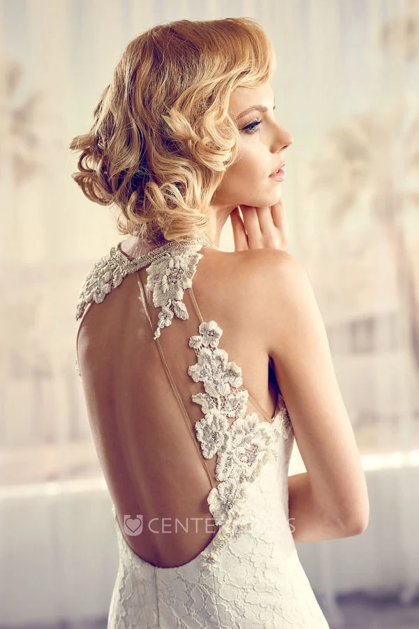 High Neck Long Appliqued Lace Wedding Dress With Court Train And Keyhole