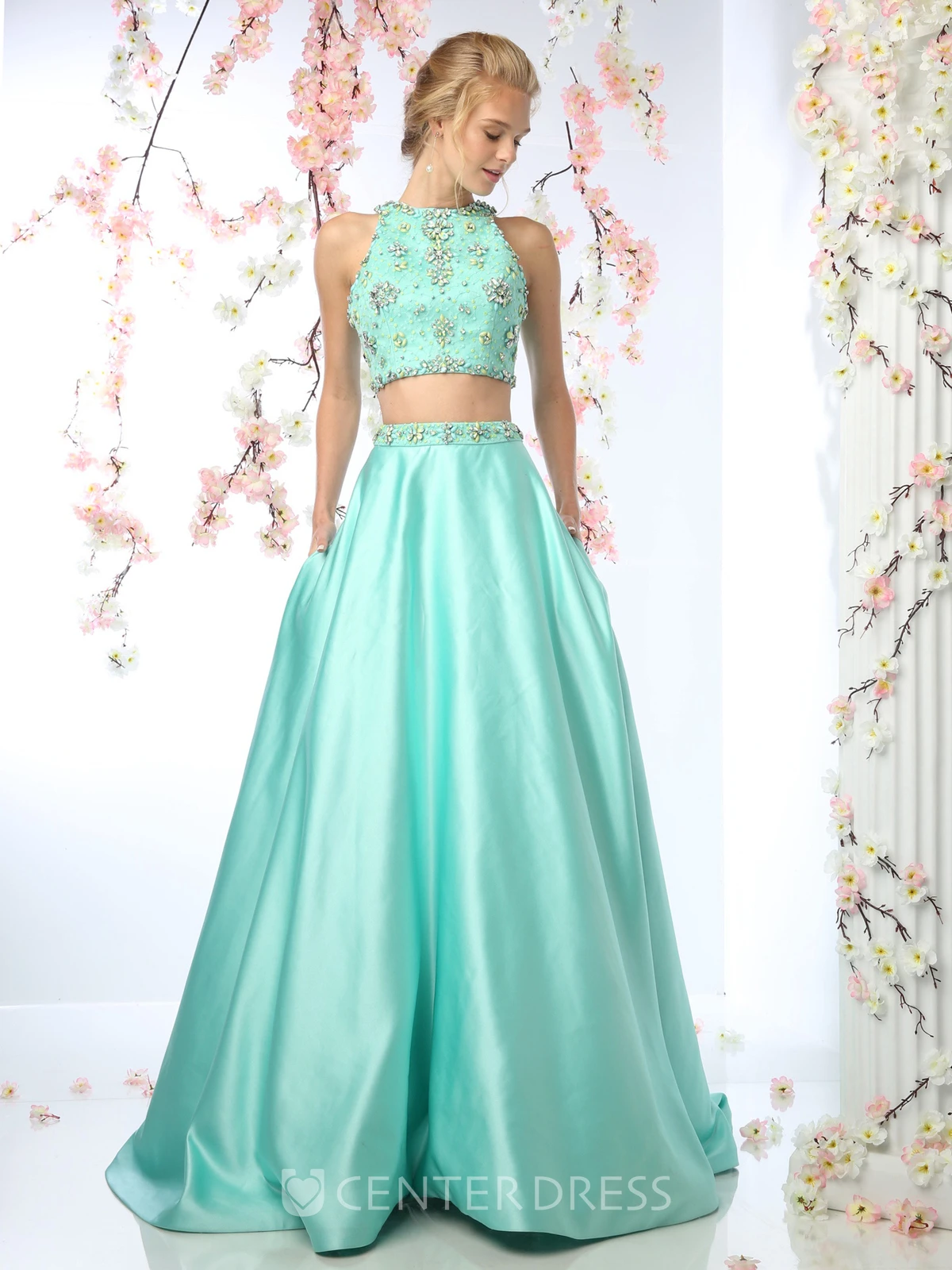 Two-Piece A-Line Jewel-Neck Sleeveless Satin Court Train Zipper Dress With Beading