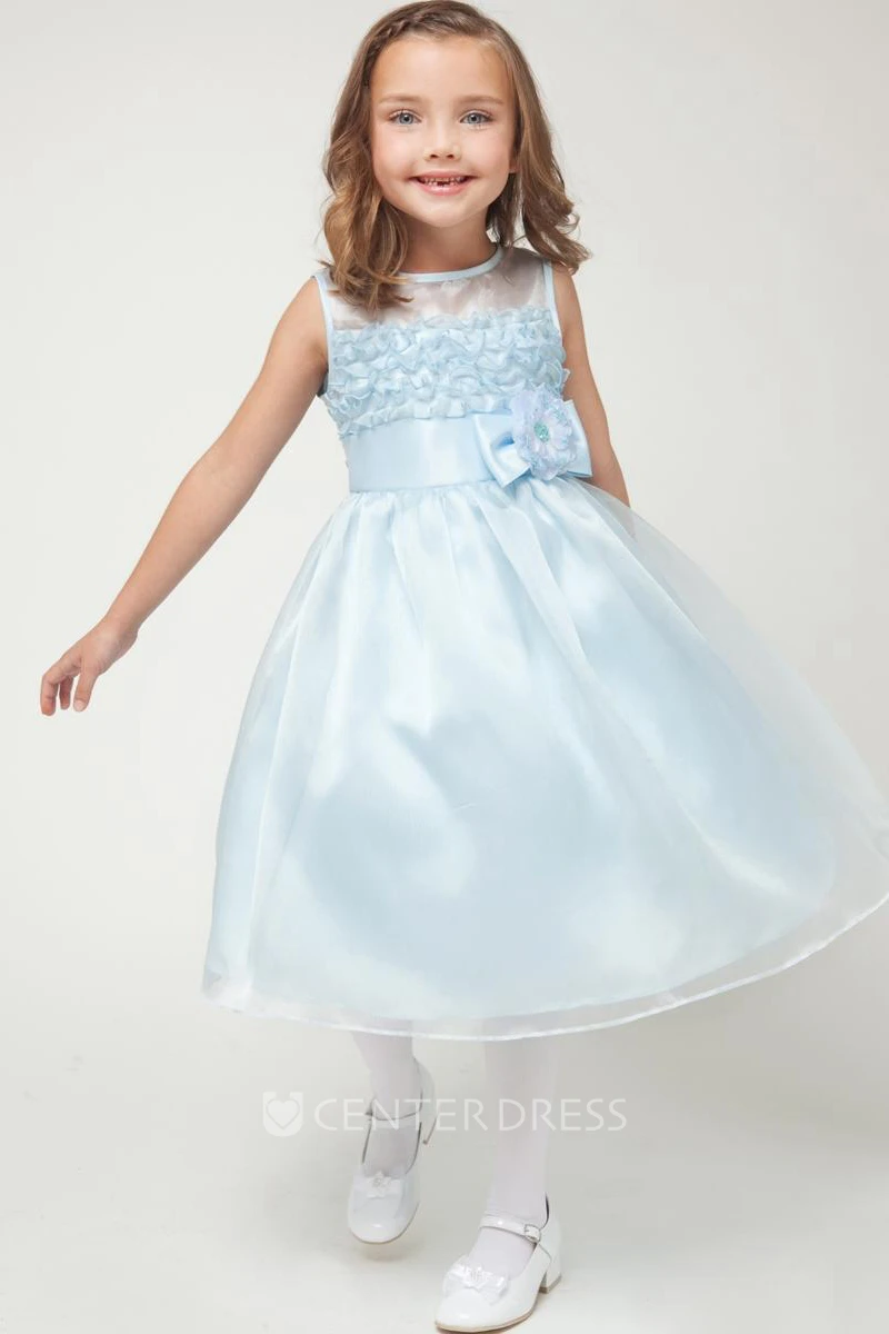 Tea-Length Sleeveless Bowed Organza&Satin Flower Girl Dress