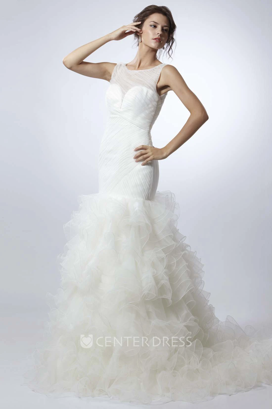 Trumpet Scoop Sleeveless Long Ruffled Tulle Wedding Dress With Illusion Back And Ruching