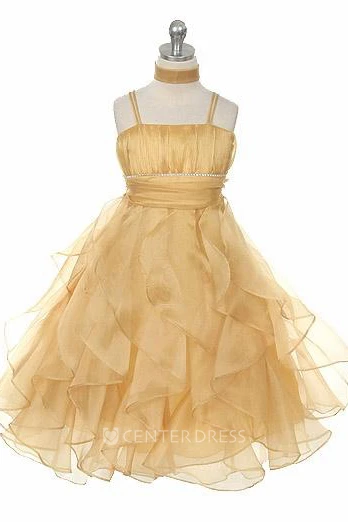 Cape Ankle-Length Tiered Pleated Empire Organza Flower Girl Dress With Ribbon