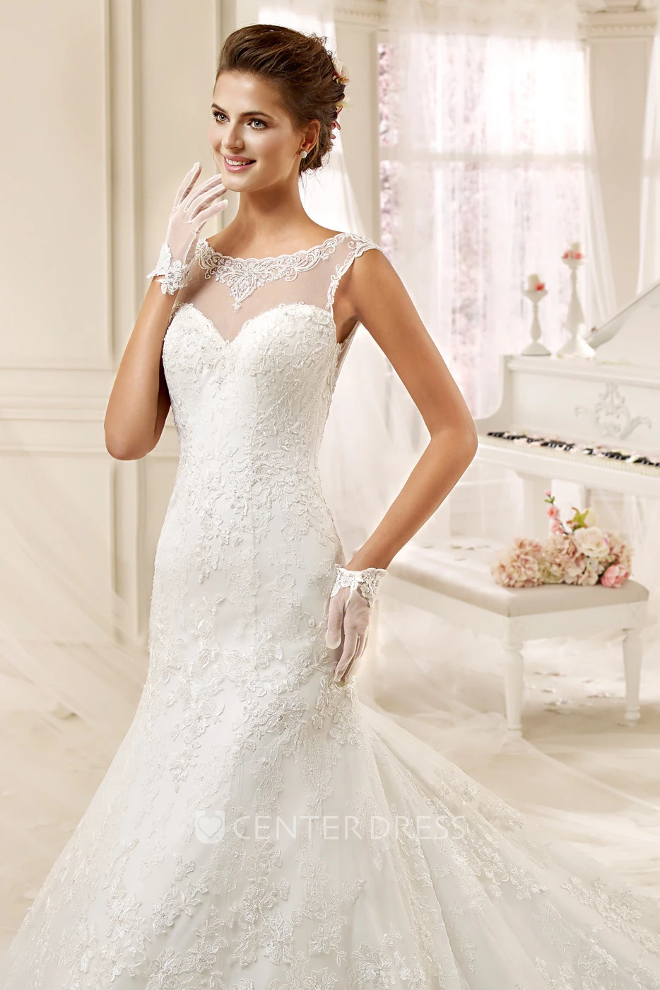 Jewel-Neck Cap-Sleeve Mermaid Wedding Dress With Illusive Design And Court Train