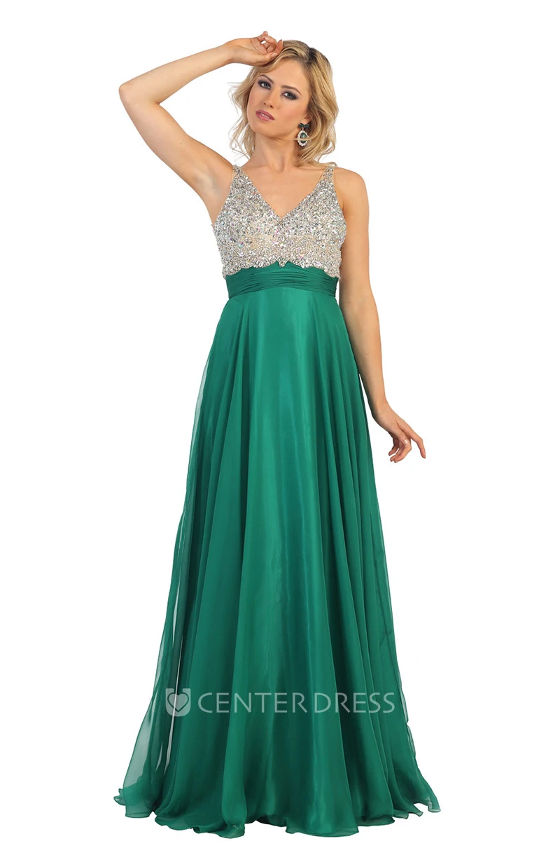A-Line Maxi V-Neck Sleeveless Chiffon Deep-V Back Dress With Beading And Pleats