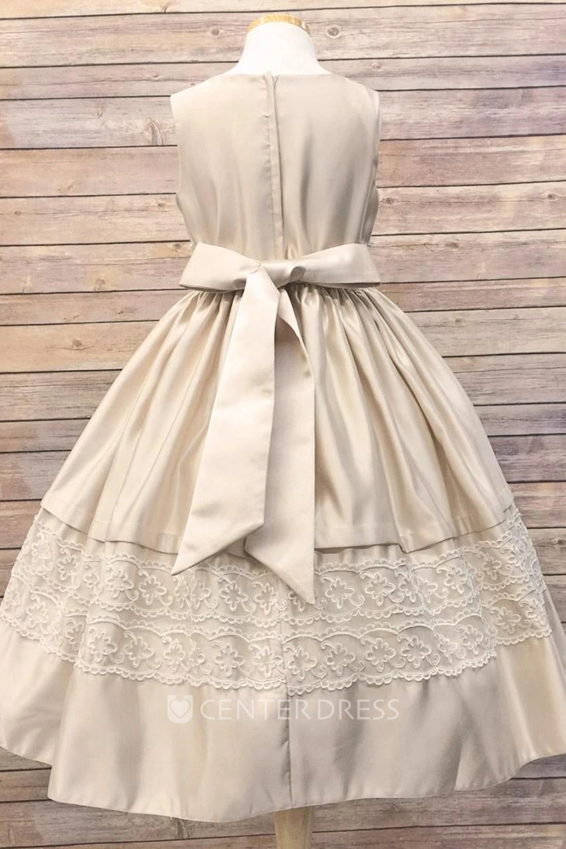 Tea-Length Sequined Tiered Tulle&Lace Flower Girl Dress