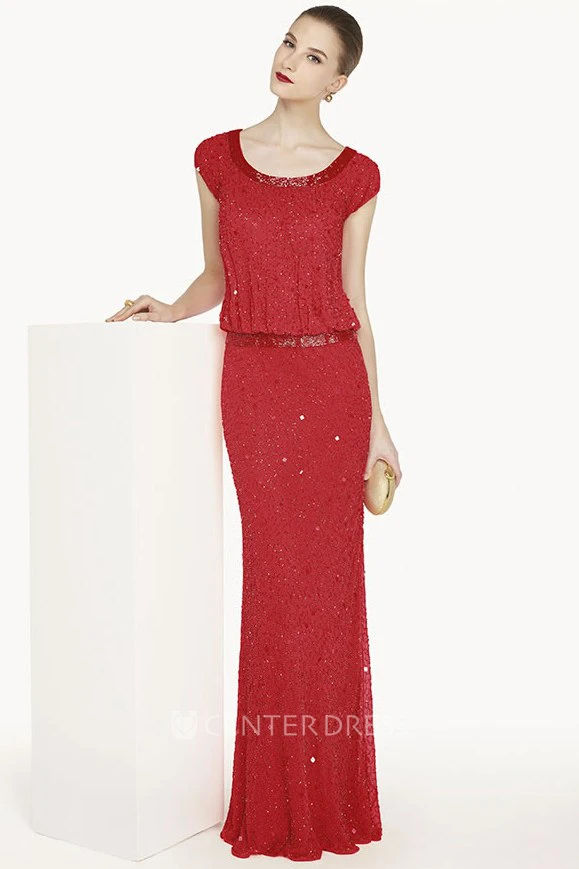 Scoop Neck Cap Sleeve Sheath Beading Prom Dress With Sequins And Cowl Back