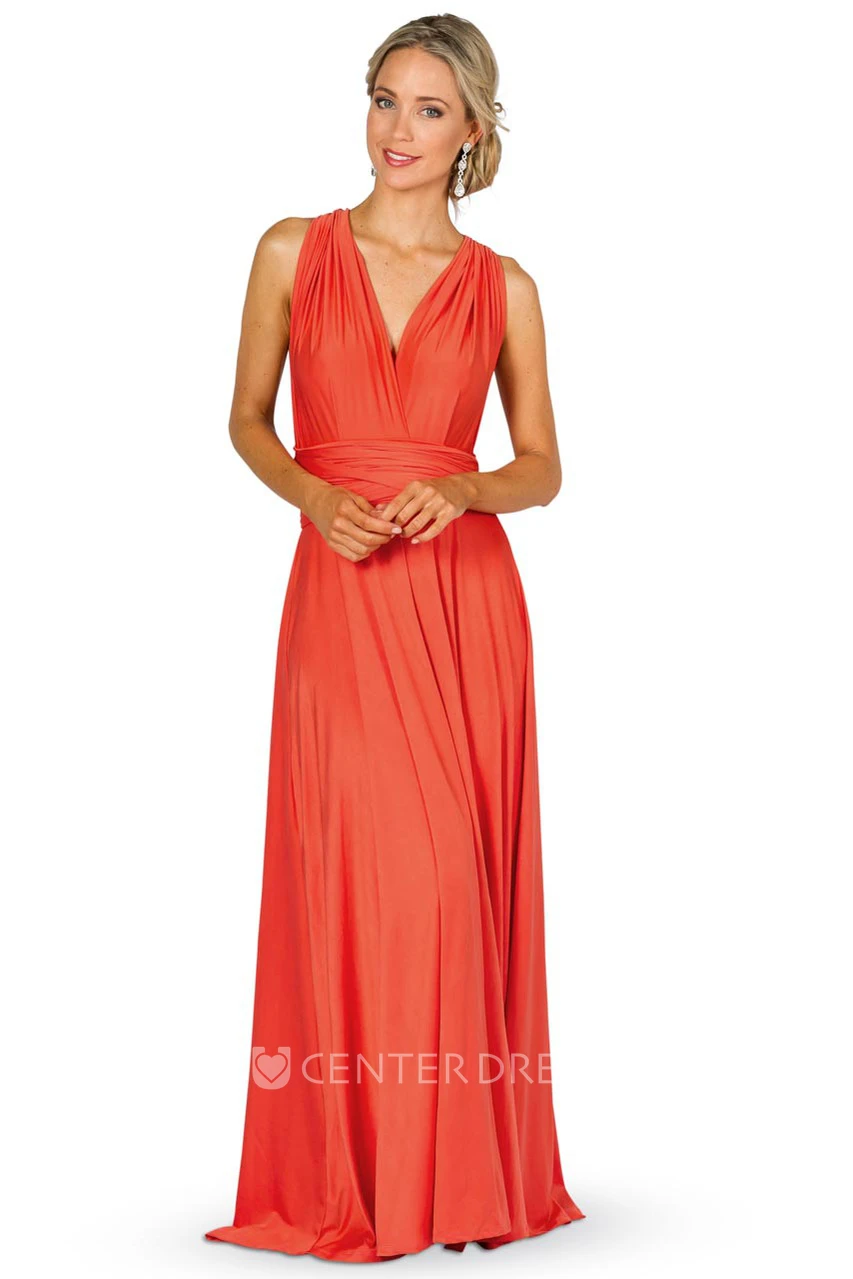 Maxi Ruched Sleeveless V-Neck Chiffon Convertible Bridesmaid Dress With Straps