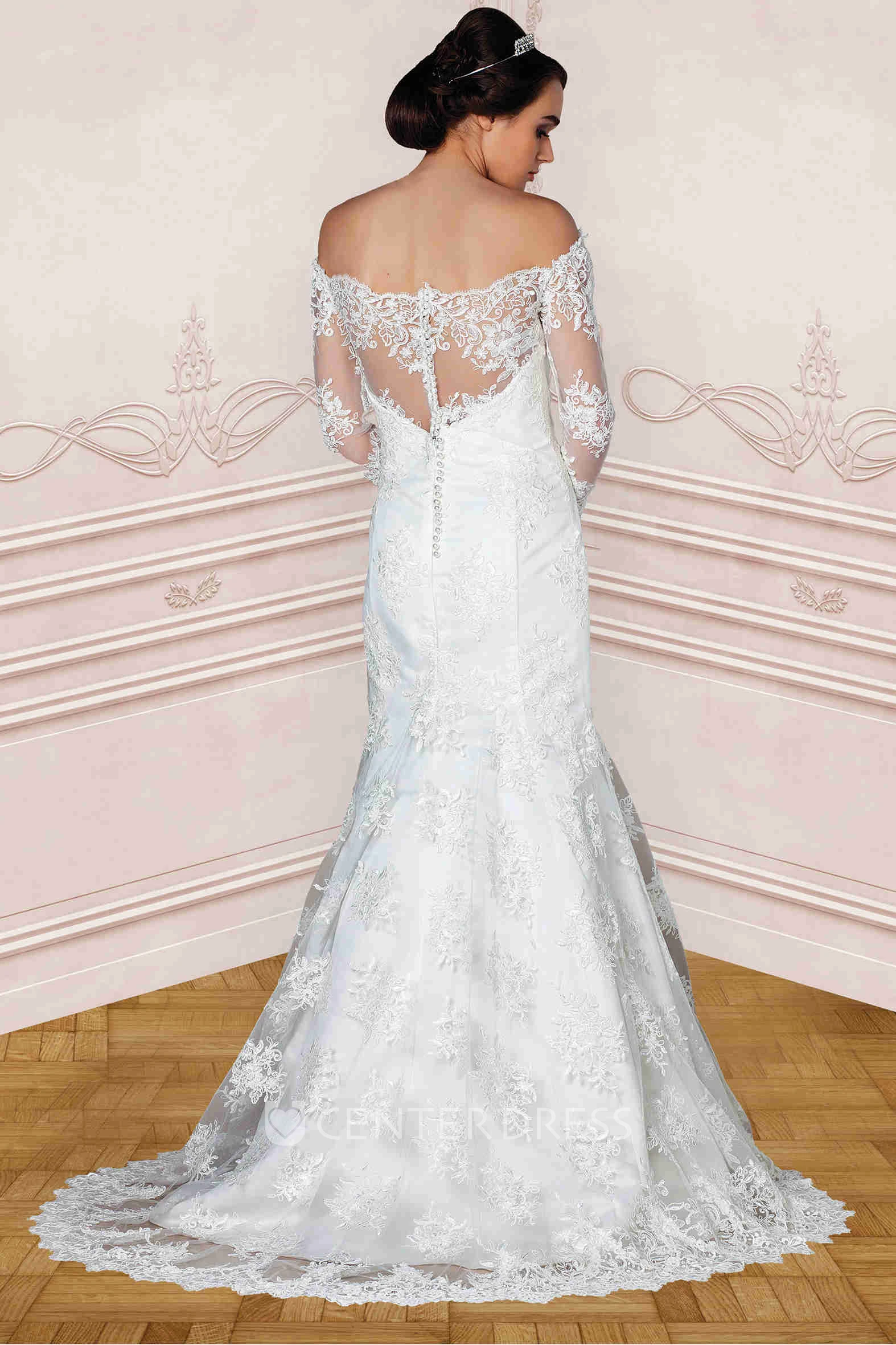 A-Line Off-The-Shoulder Long-Sleeve Lace Wedding Dress With Illusion