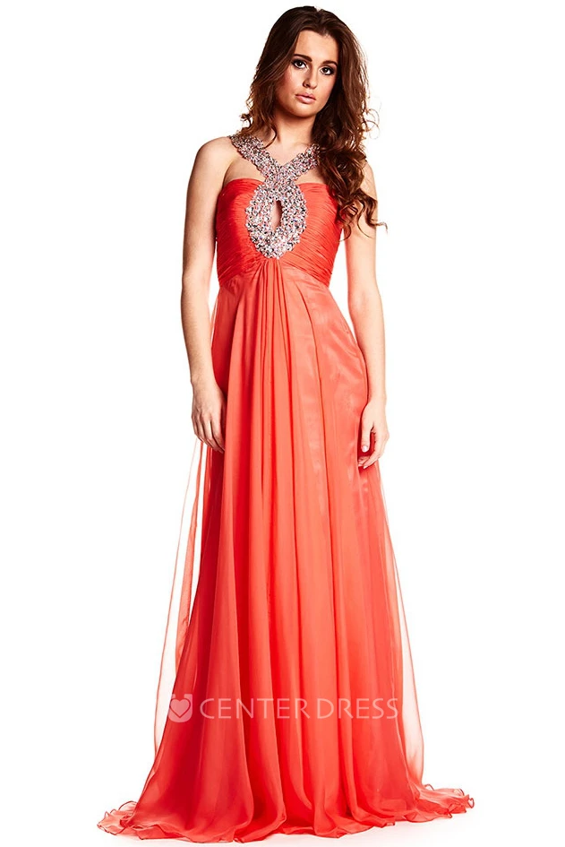 Strapped Beaded Sleeveless Chiffon Prom Dress With Ruching And Beading