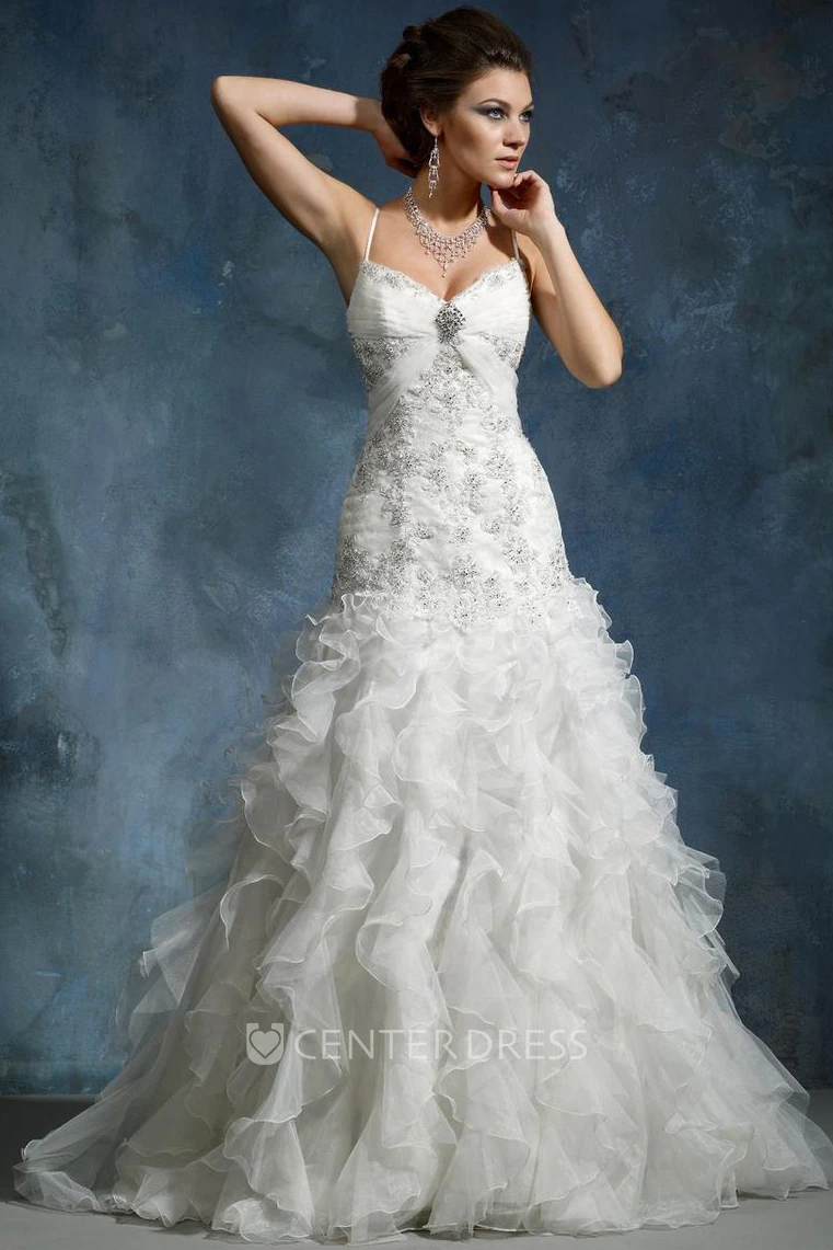 A-Line Long Sleeveless Cascading-Ruffle Spaghetti Organza Wedding Dress With Broach And Beading