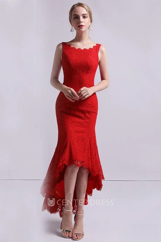 Elegant Lace Mermaid Scalloped Sleeveless Deep-V Back High-Low Dress