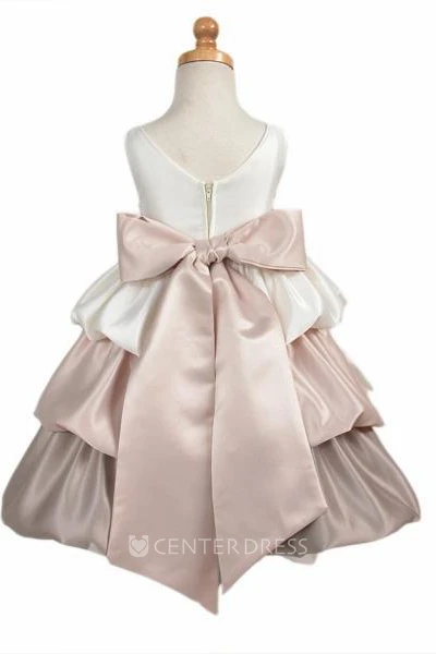 Tea-Length Sleeveless Tiered Satin Flower Girl Dress