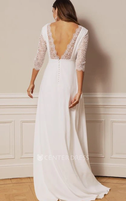 Vintage Deep-V Back Chiffon Lace V-neck A Line Floor-length Winter Wedding Dress