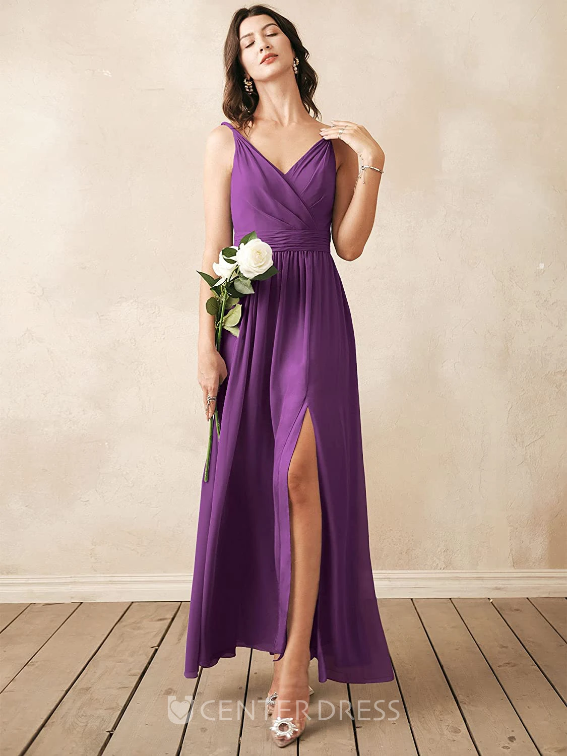 Romantic Chiffon Ankle-length V-neck A Line Sleeveless Bridesmaid Dress With Ruching