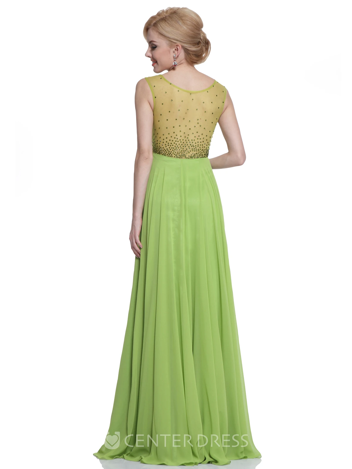 A-Line Maxi V-Neck Sleeveless Empire Chiffon Illusion Dress With Beading And Pleats
