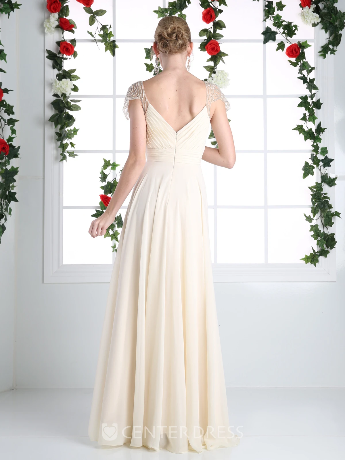 A-Line Long V-Neck Cap-Sleeve Chiffon Low-V Back Dress With Beading And Ruching