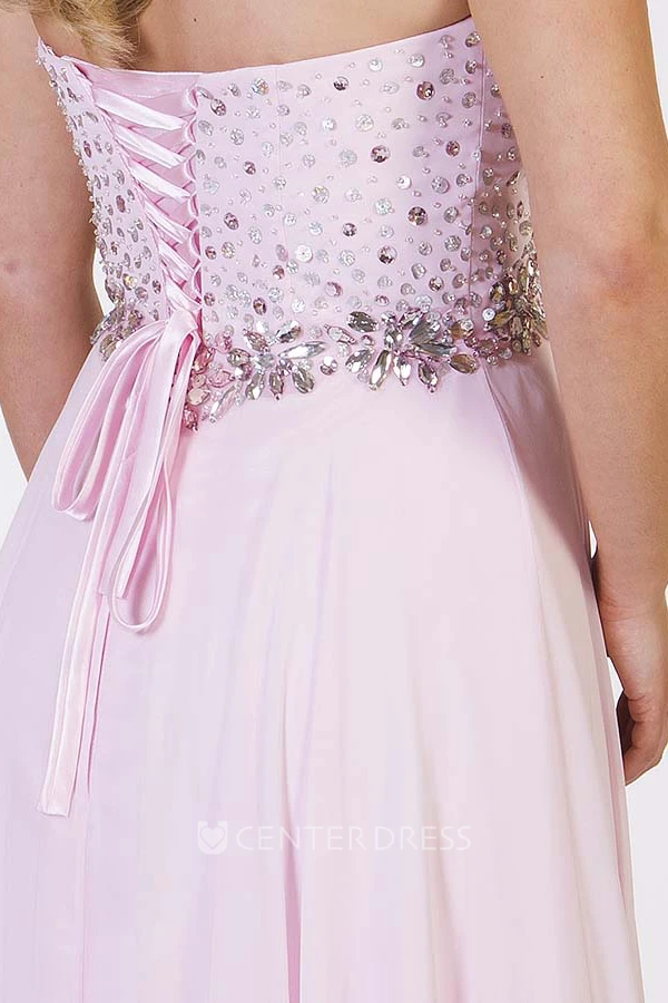 A-Line Sweetheart Sleeveless Beaded Long Chiffon Prom Dress With Pleats