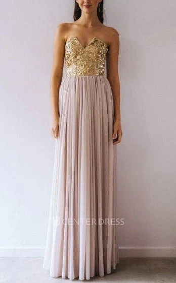 Strapless Notched Floor-Length Dress With Pleats And Sequins
