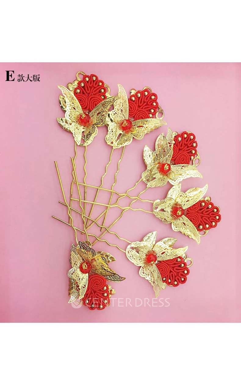 Bride Red Headdress Hair Ornaments Chinese Cheongsam Wedding Accessories Plate Hairpin U-Shaped Clip