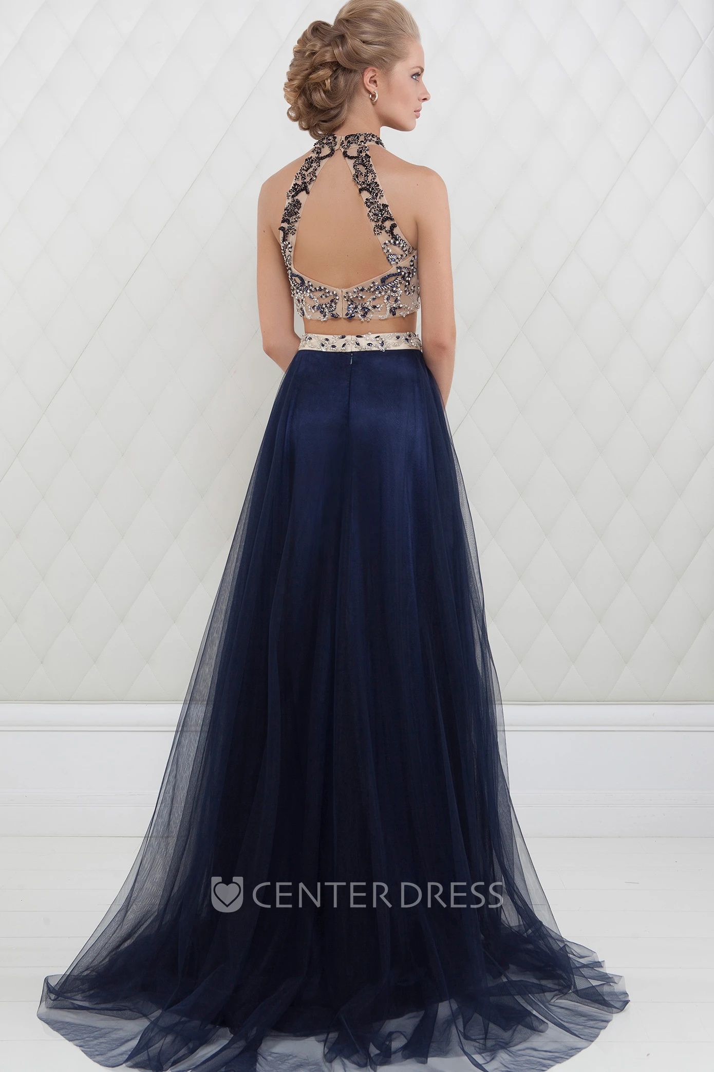 A-Line High-Neck Maxi Beaded Sleeveless Tulle Prom Dress