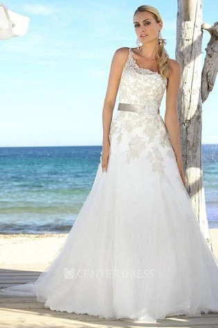 A-Line One-Shoulder Sleeveless Tulle&Lace Wedding Dress