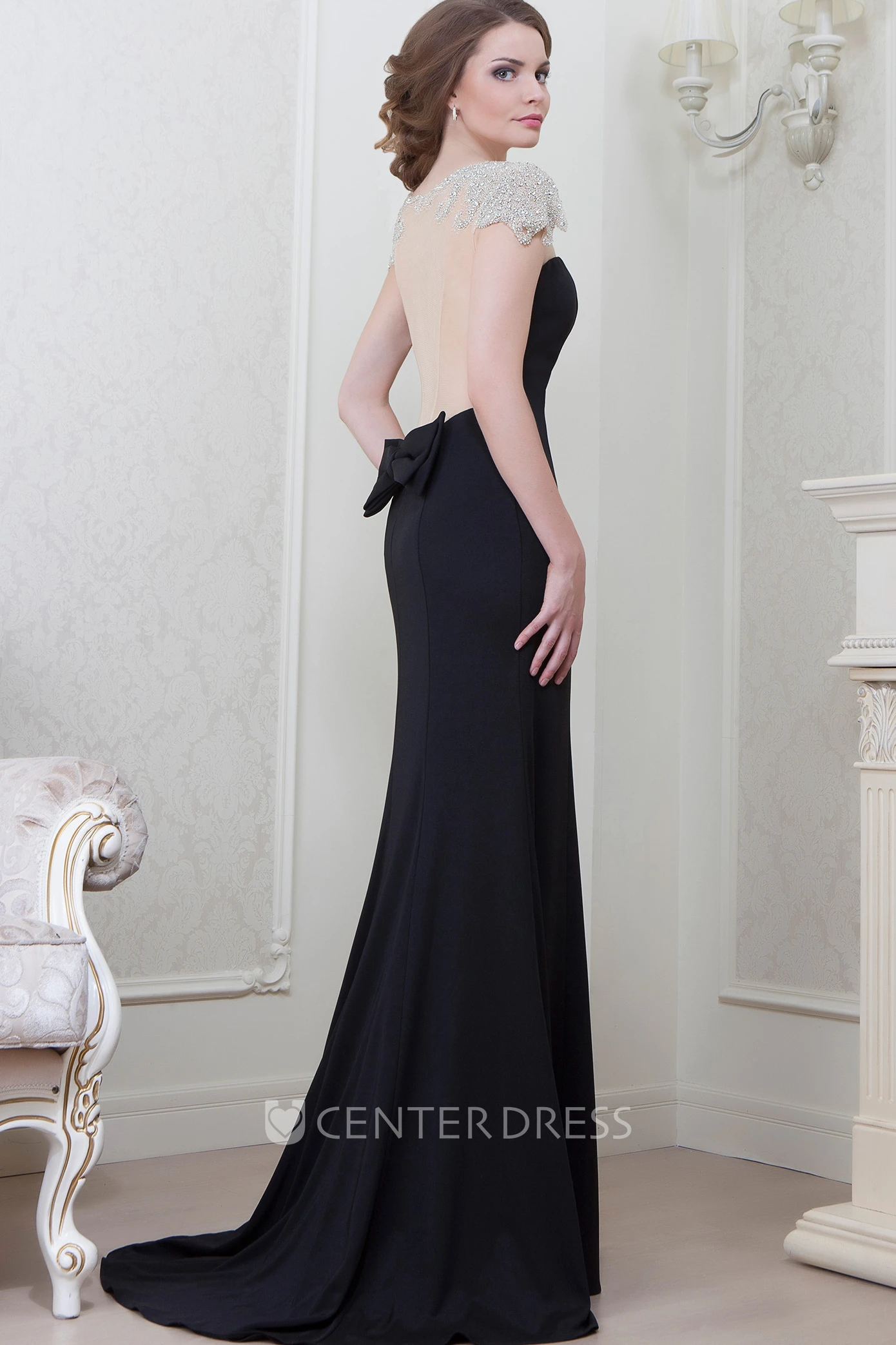 Floor-Length Cap Sleeve Scoop Neck Bowed Chiffon Evening Dress