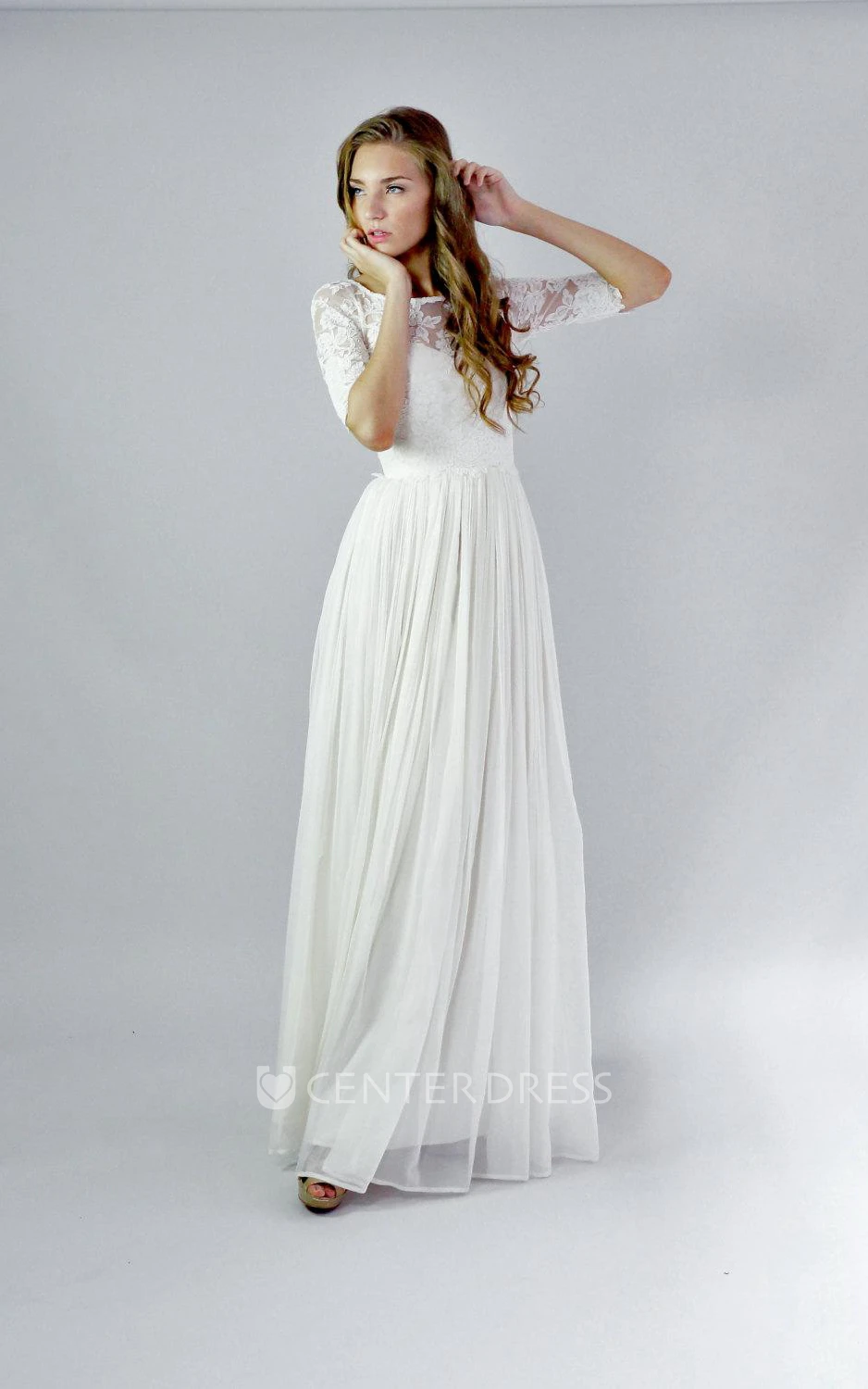 Button Back Sheath Chiffon Warm Wedding Dress With Lace And Pleats