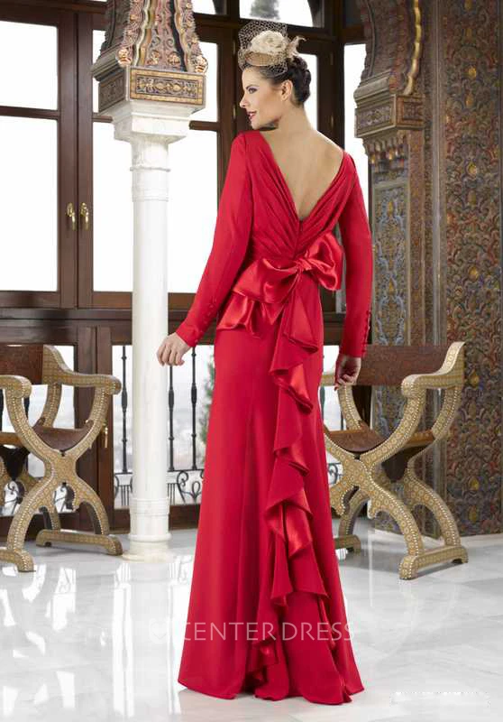 Jewel Neck Long Sleeve Bowed Jersey Mother Of The Bride Dress