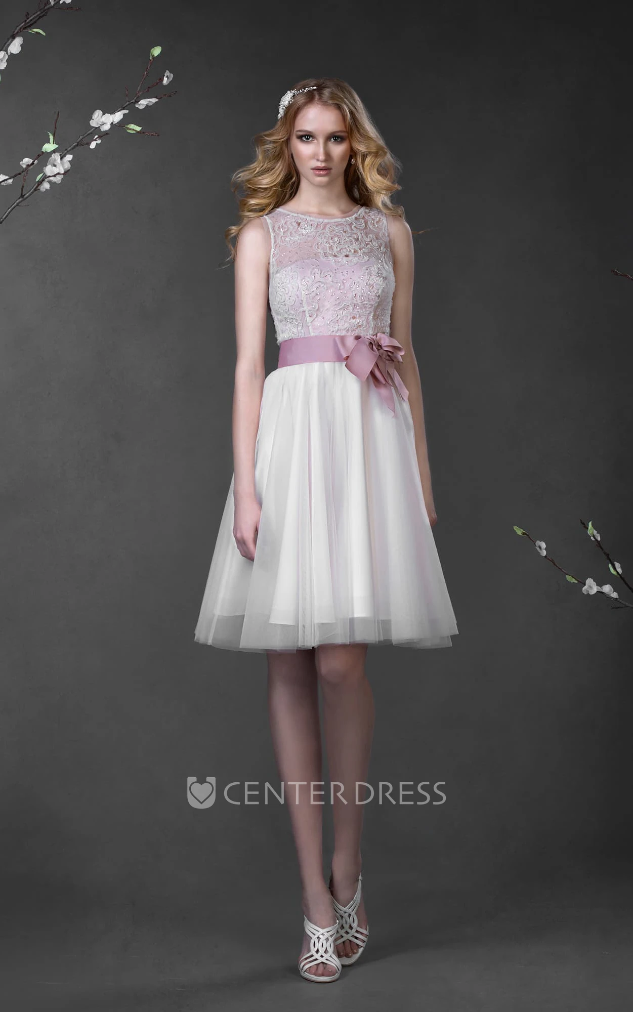 A-Line Mini Scoop Sleeveless Low-V-Back Lace Tulle Dress With Bow