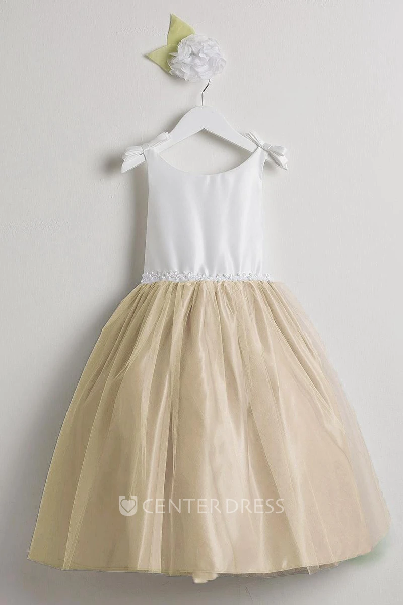 Tea-Length Sleeveless Bowed Tulle&Satin Flower Girl Dress