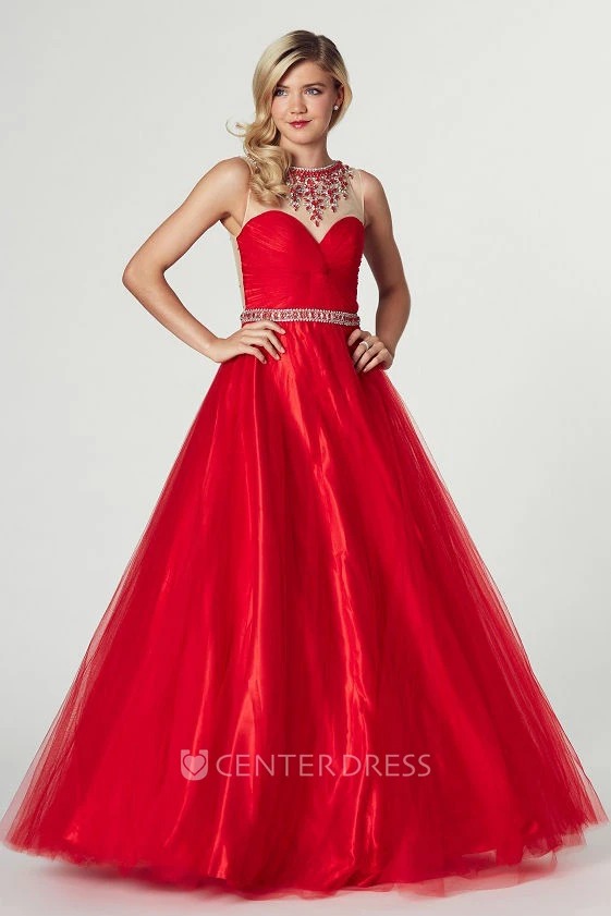 A-Line Maxi High Neck Sleeveless Ruched Tulle Prom Dress