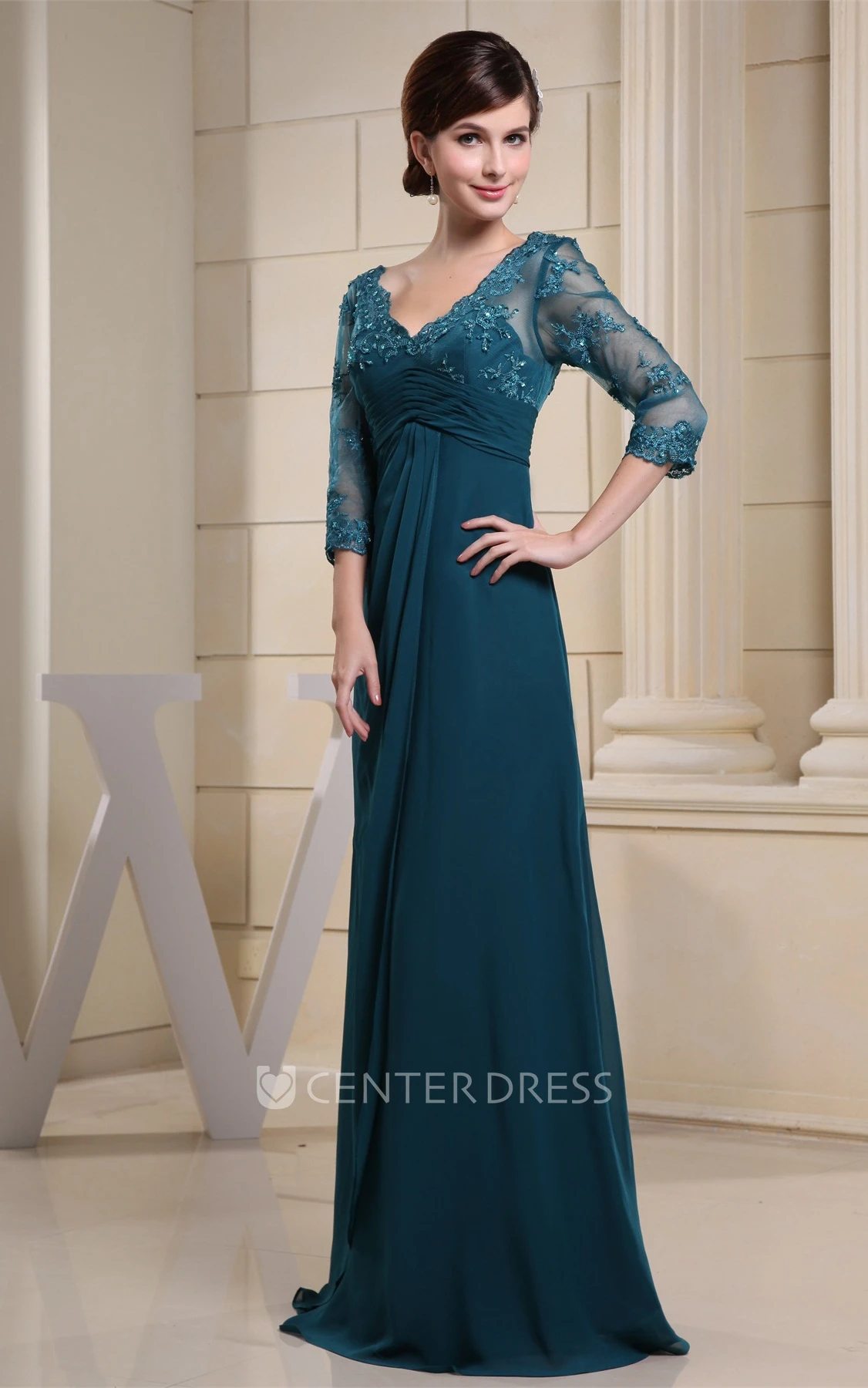V-Neck Empire Floor-Length Dress with Appliques and Illusion Sleeve