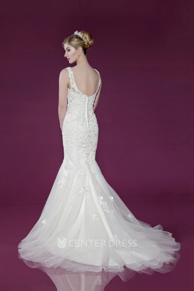 V-Neck Floor-Length Pleated Appliqued Lace&Tulle Spring Wedding Dress