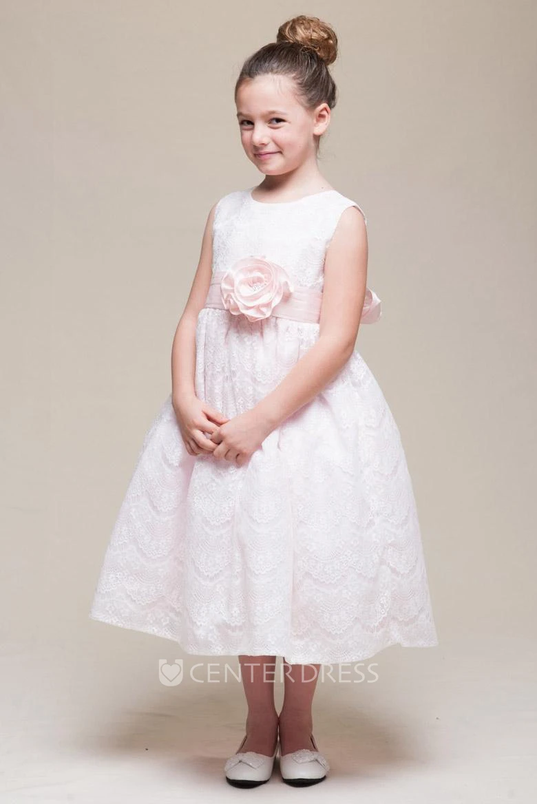 Tea-Length Floral Beaded Lace Flower Girl Dress With Ribbon