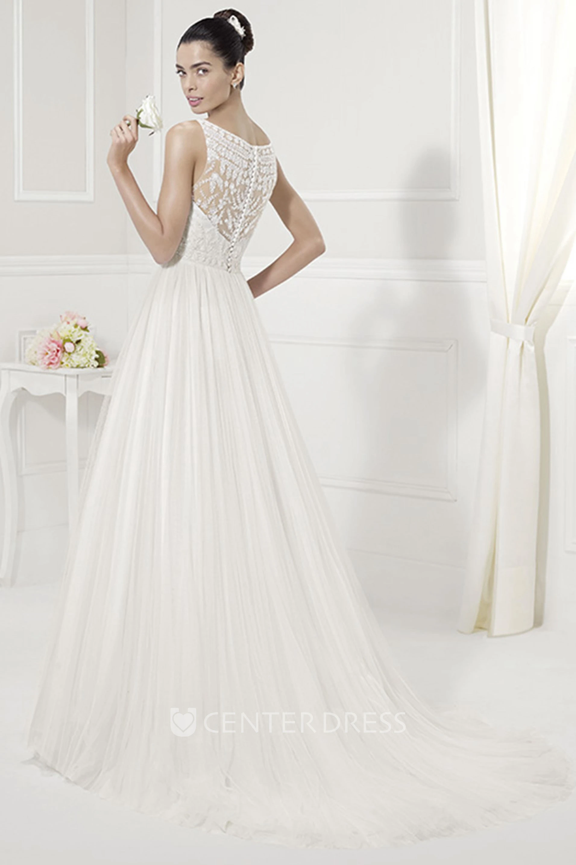 Jewel Neckline Appliqued Top Tulle Pleated Bridal Gown