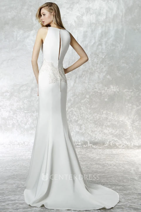 Long High Neck Appliqued Jersey Wedding Dress With Sweep Train