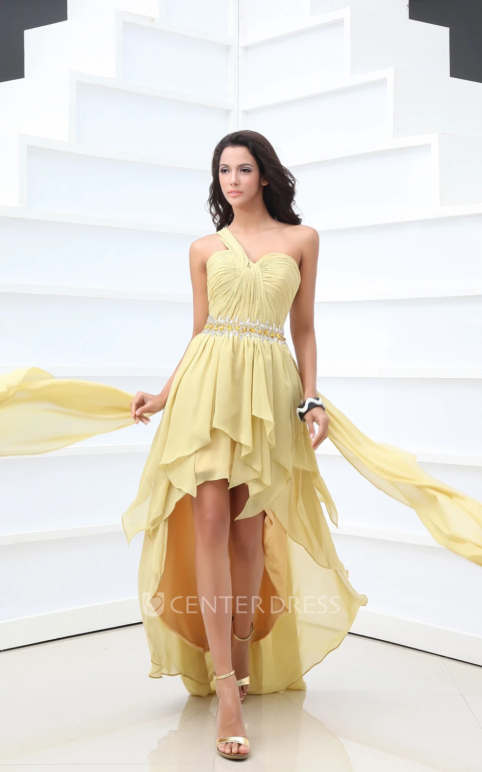 Ethereal One-Shoulder High-Low Chiffon Dress With Ruching And Ruffle