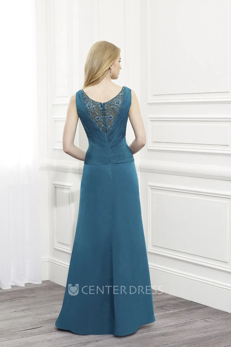 Maxi Sleeveless Ruched V-Neck Jersey Mother Of The Bride Dress With Appliques And Cape