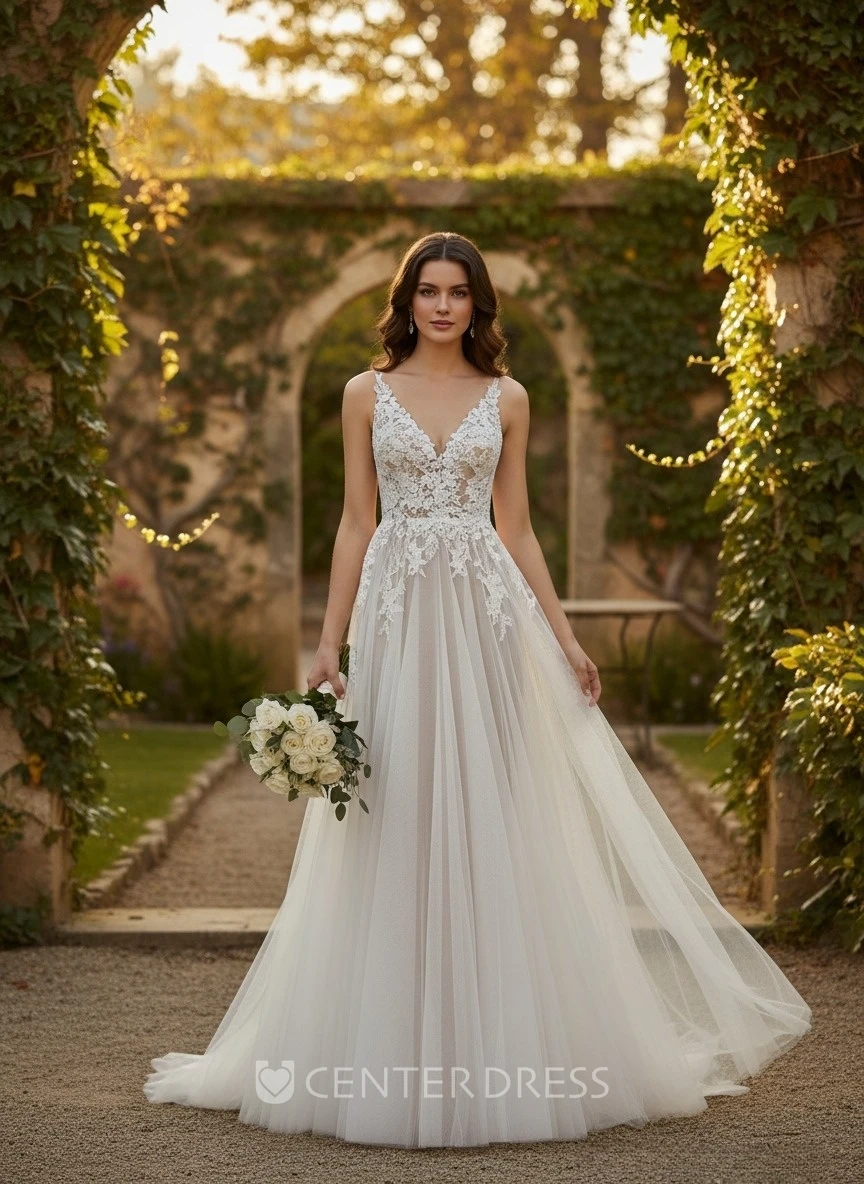 A-Line Lace Boho Wedding Dress Romantic Tulle Bridal Gown for Garden and Destination Weddings