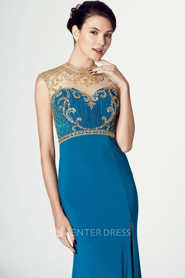 High Neck Floor-Length Split-Front Jersey Prom Dress With Beading And Illusion