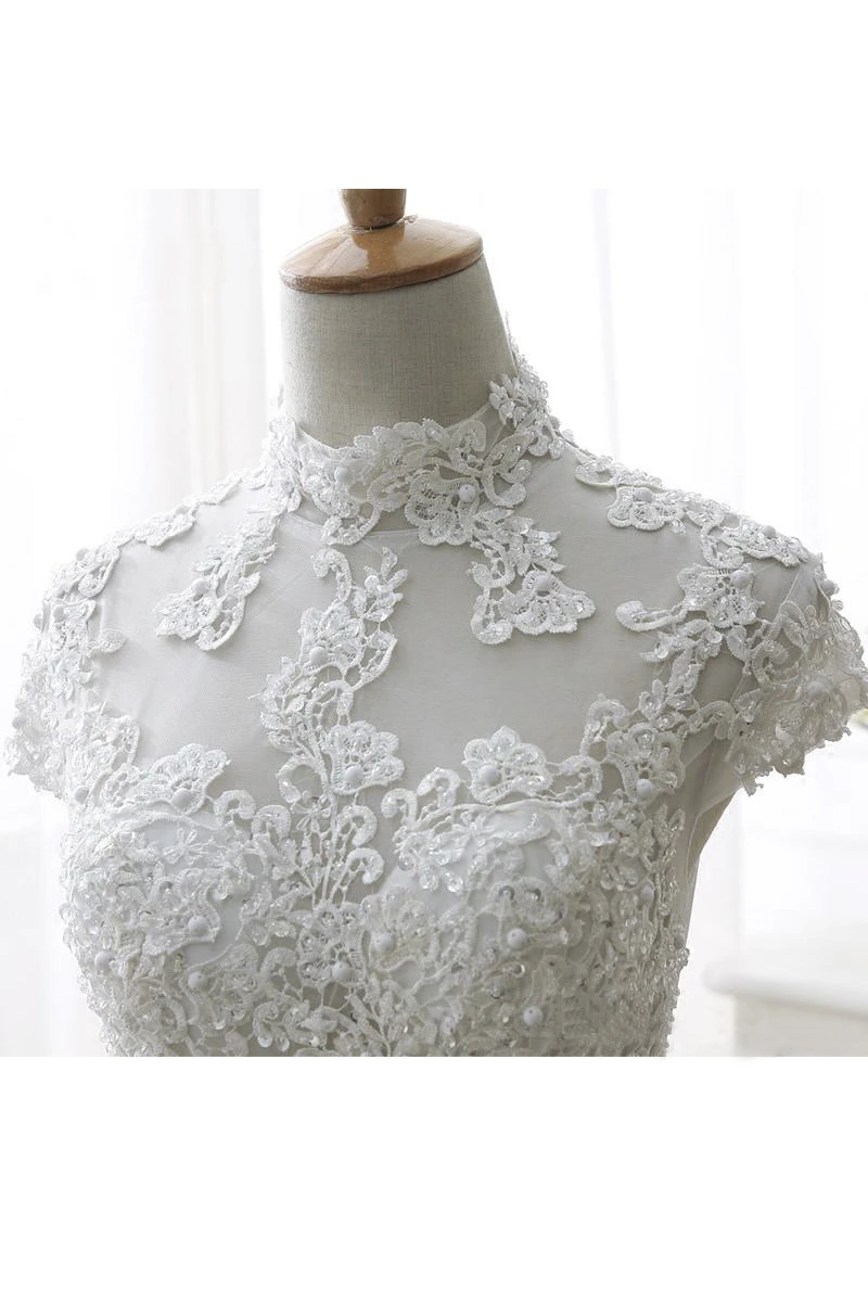 High Neck Illusion Ball Gown Spring Wedding Dress With Beadings And Appliques