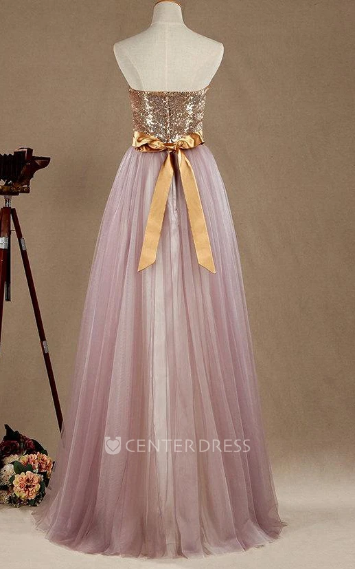 Maxi Strapped Sweetheart Tulle&Satin Dress With Sequins