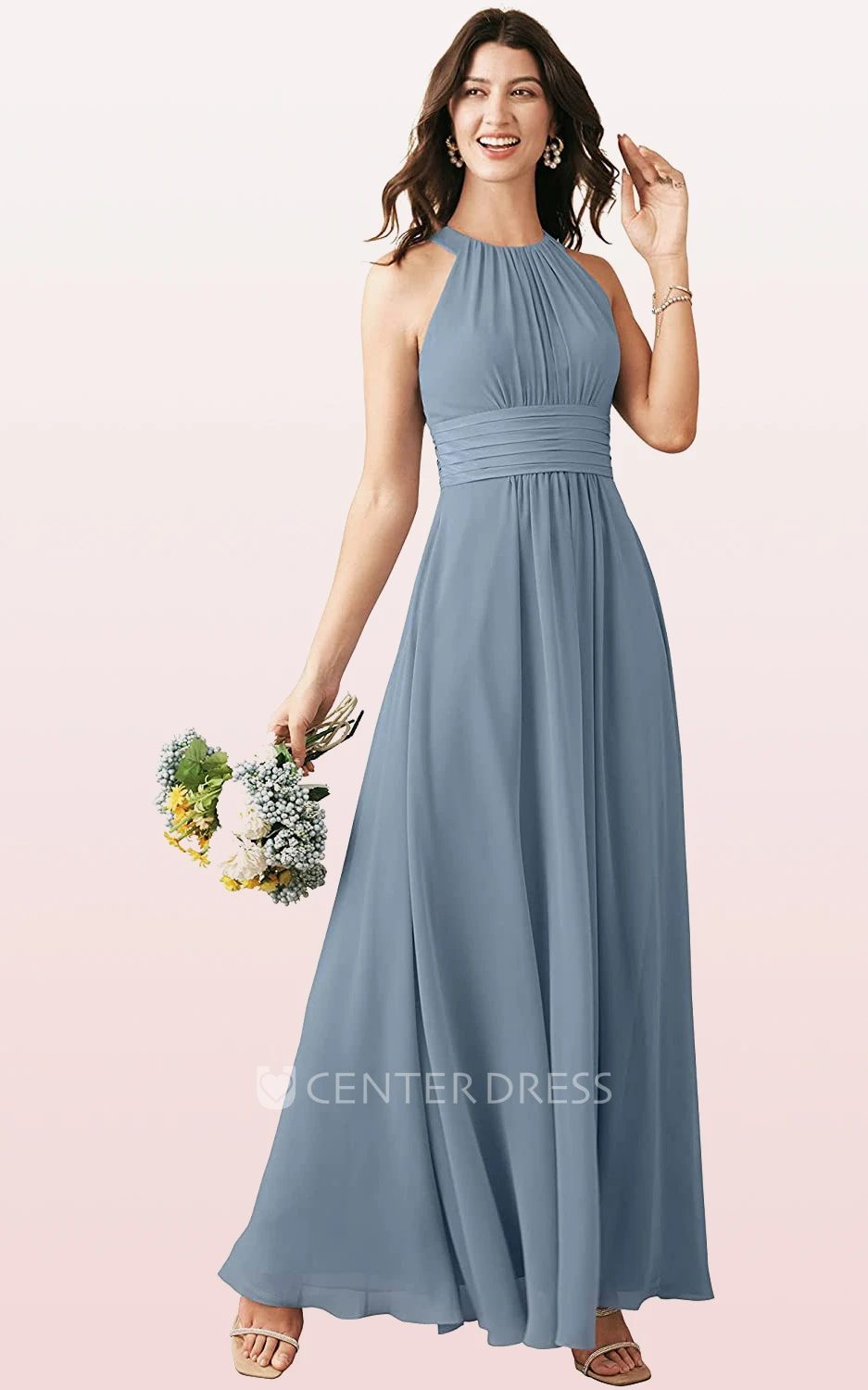 Modern Chiffon Ankle-length Halter A Line Sleeveless Bridesmaid Dress With Ruching