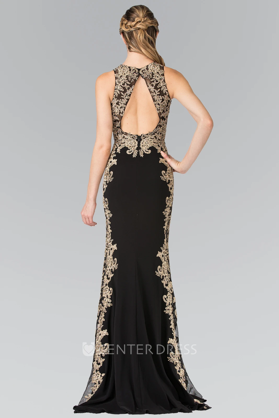 Sheath Long Jewel-Neck Sleeveless Jersey Keyhole Dress With Appliques