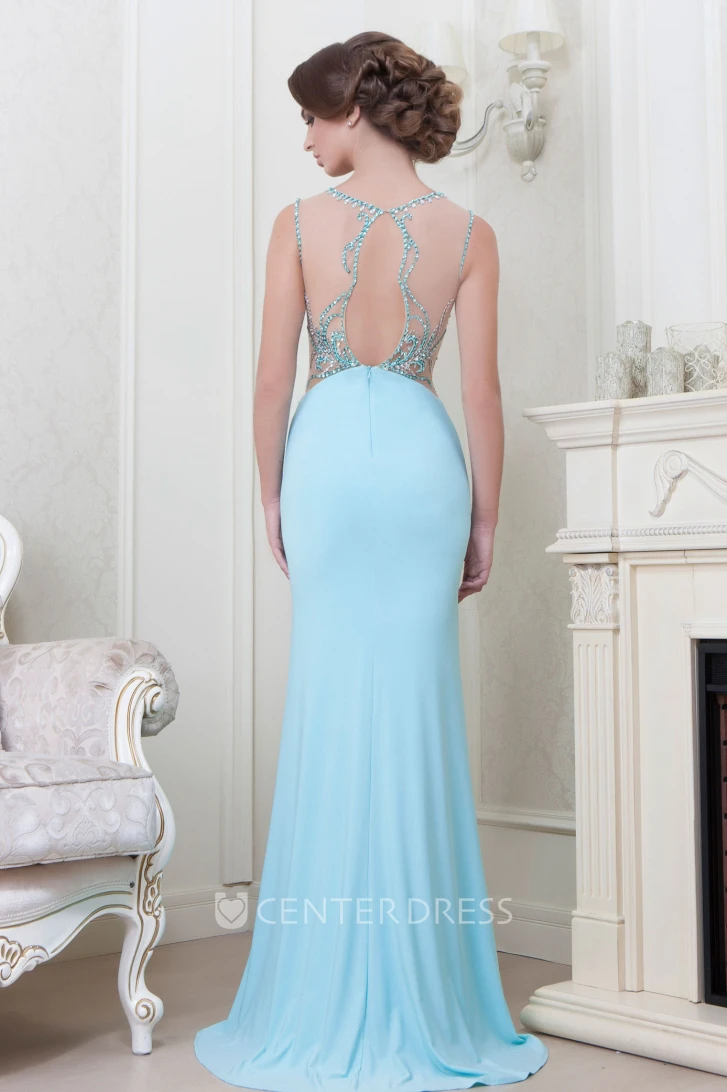 Sheath Jewel-Neck Long Sleeveless Beaded Jersey Evening Dress