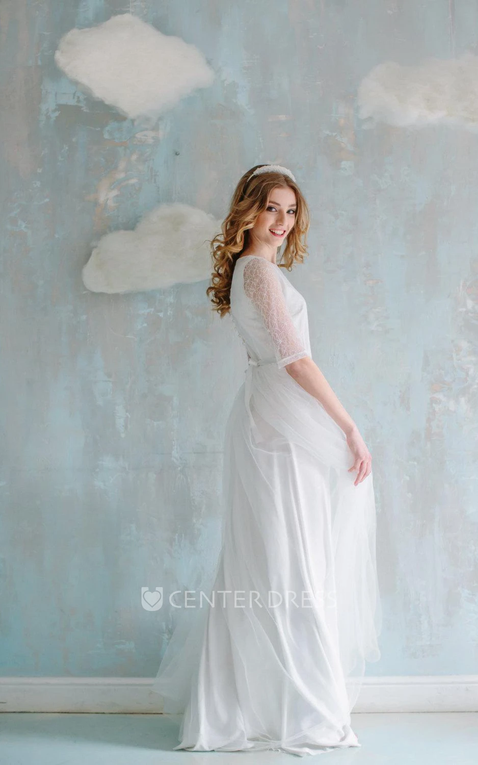 A-Line Long Tulle Lace Satin Dress With Flower Button