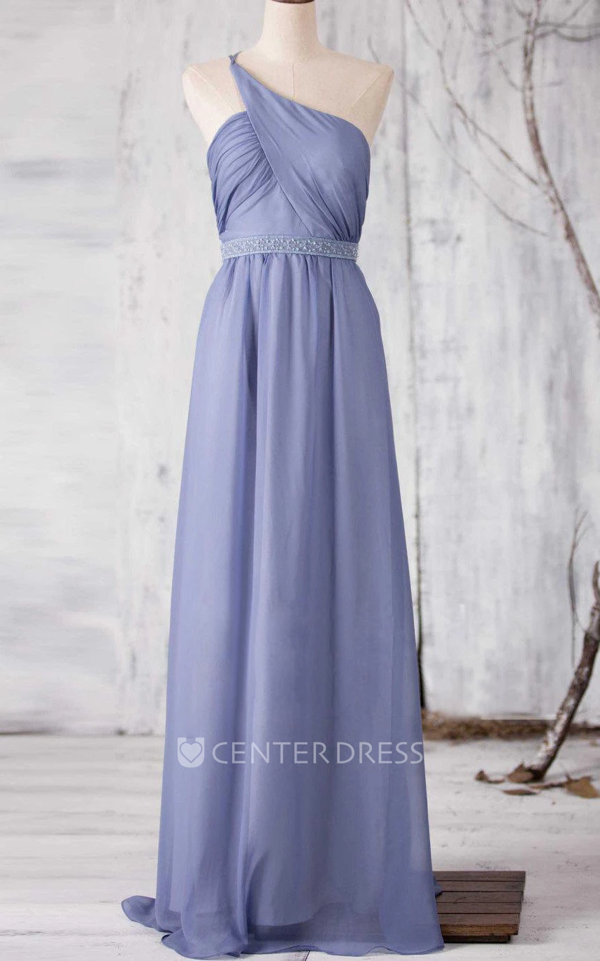 One Shoulder Criss Cross Bodice A-line Chiffon Long Dress With Beading