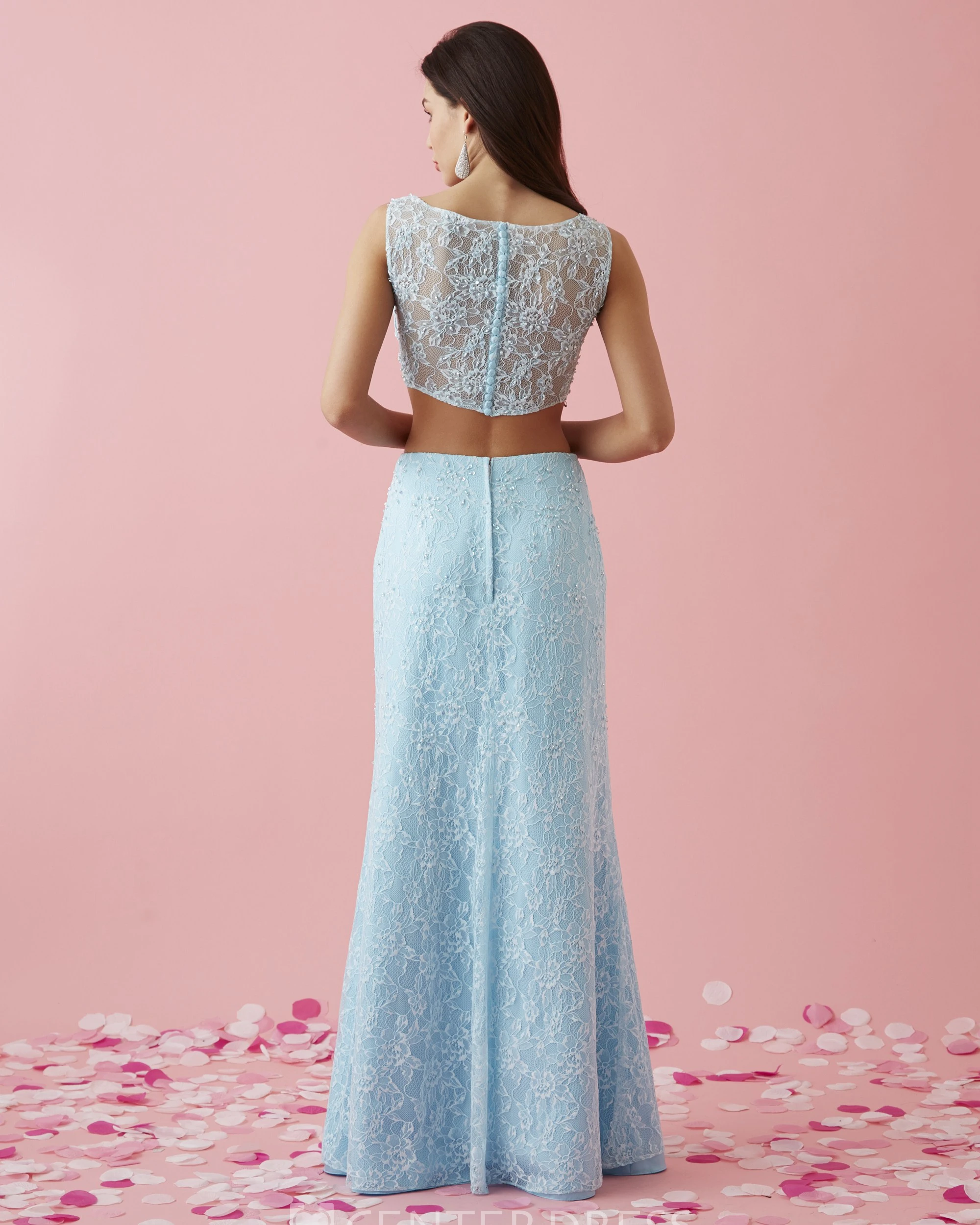 Two-Piece Sheath Floor-Length Scoop-Neck Sleeveless Lace Illusion Dress